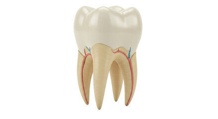 Detailed molar tooth anatomy isolated, dental model showing roots, blood vessels, and enamel for educational purposes PNG