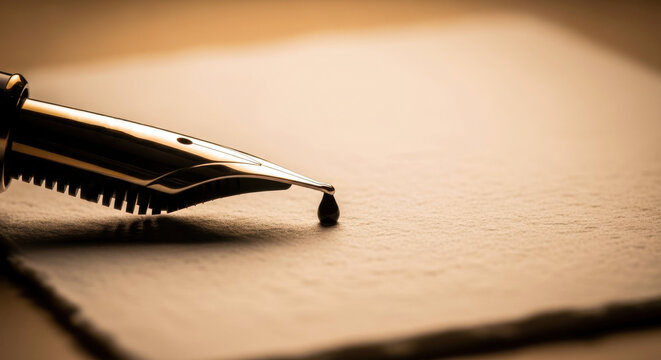 An elegant close-up of a classic fountain pen nib with a single drop of black ink poised over textured, warm-toned paper.