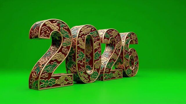 Ornate year 2026 transitions from bold front to dynamic side view in vibrant green setting