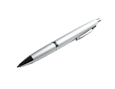Sleek silver writing instrument, poised on a black background, with a prominent clip