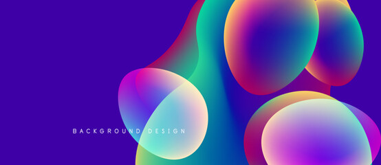 Abstract colorful bubbles overlap purple backdrop. Modern design elements create vibrant visual experience. Smooth gradients enhance aesthetic appeal.