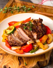 Sliced roasted meat with colorful vegetables