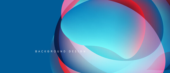 Abstract background features overlapping colorful circles. Blue dominates, accented by red, pink, white gradients. Modern design element.