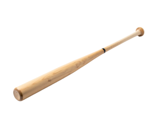 Angled view of a wooden baseball bat on a transparent, black background