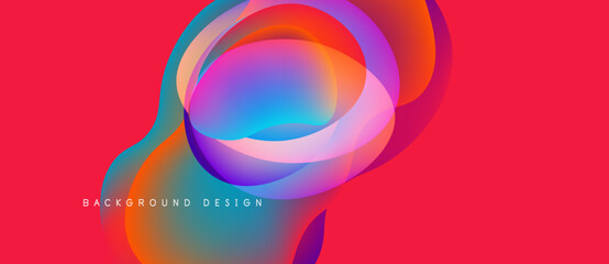 Abstract fluid shapes overlap, creating vibrant color gradients. Red background emphasizes dynamic design elements. Modern, artistic composition.