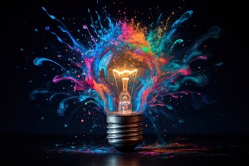 Bright idea light bulb unleashes a dynamic burst of multi-colored powder, symbolizing creative innovation and energetic inspiration