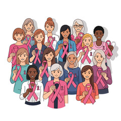 Diverse women united for breast cancer awareness, holding pink ribbons in support and solidarity, showing hope and strength to inspire and empower others