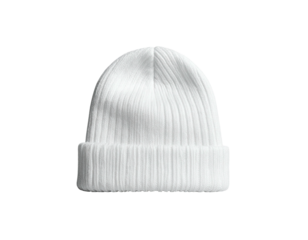 Isolated white knitted beanie hat with a turned-up cuff on a black background