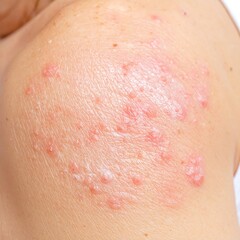 Fototapeta premium Skin rash on shoulder. Red, bumpy rash