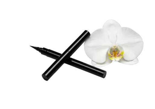 Sleek black eyeliner pen, fine tip, metallic, next to transparent orchid, yellow-red center, seamless gray background, high-key macro. Concept of luxury and beauty.