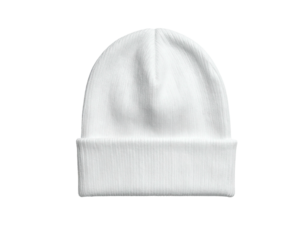A clean, white, folded-brim beanie isolated on a black background