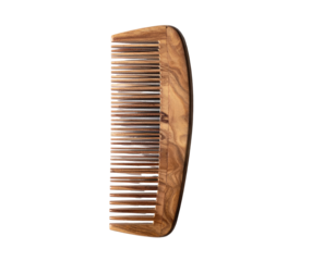 Wooden comb on a black background, showcasing texture and tooth detail