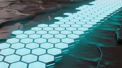 Futuristic glowing hexagonal pathway with reflections