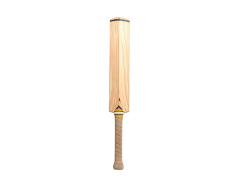 A vertical close-up of a wooden cricket bat against a stark black background - Powered by Adobe