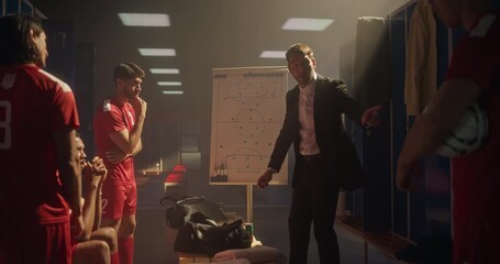 Team of Young Soccer Players Sitting on Benches in the Locker Room While Their Coach Uses a Whiteboard to Demonstrate Offensive and Defensive Formations. Group Studies the Gameplay Plan - Powered by Adobe
