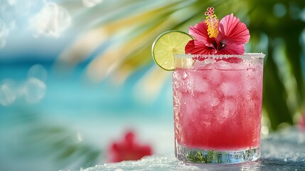 Tropical cocktail with hibiscus flower and lime slice on the beach