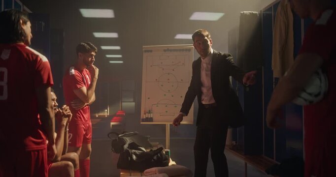 Team of Young Soccer Players Sitting on Benches in the Locker Room While Their Coach Uses a Whiteboard to Demonstrate Offensive and Defensive Formations. Group Studies the Gameplay Plan - Powered by Adobe