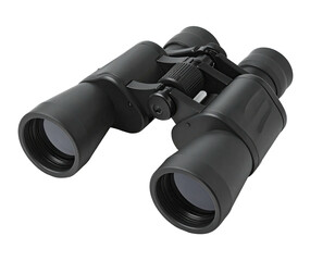 Angled view of black binoculars with large lenses against a dark background