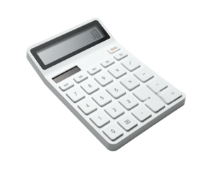 Isolated overhead view of a white calculator displaying a 0.0 result on a black backdrop