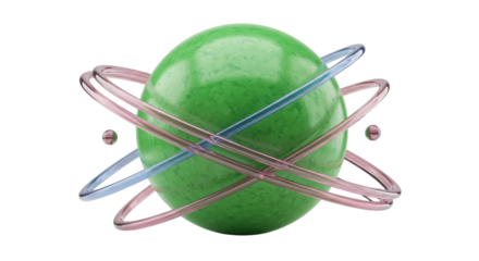 Abstract green sphere with pink and blue rings isolated on transparent PNG, modern 3D render for graphic design and futuristic concepts