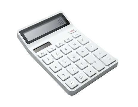 Isolated overhead view of a white calculator displaying a 0.0 result on a black backdrop