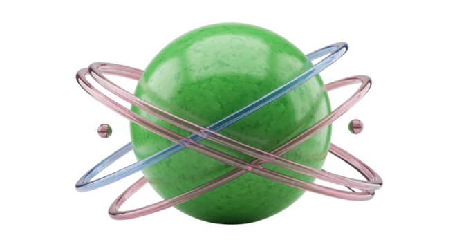 Abstract green sphere with pink and blue rings isolated on transparent PNG, modern 3D render for graphic design and futuristic concepts - Powered by Adobe