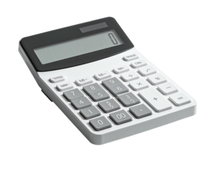 A white and gray electronic calculator with a digital display, isolated on black
