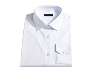 Folded white shirt with buttoned placket and crisp collar, isolated on black