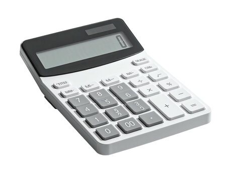 A white and gray electronic calculator with a digital display, isolated on black