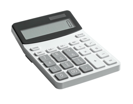 A white and gray electronic calculator with a digital display, isolated on black