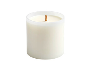 A cylindrical candle in a frosted glass, wick centered, against a black backdrop