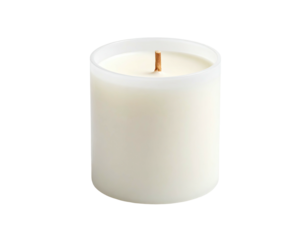 A cylindrical candle in a frosted glass, wick centered, against a black backdrop