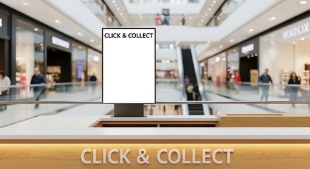 Click & Collect service counter in a modern shopping mall with a blank vertical screen mockup for advertising. Omnichannel retail and e-commerce order pickup concept.