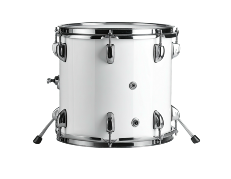 A white drum with shiny chrome hardware, viewed against a black backdrop