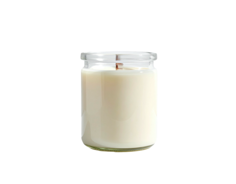 Creamy-colored candle in a clear glass jar, with a wooden wick, on a black background