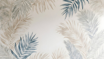 Elegant Tropical Leaf Pattern Wall Mural in Soft Neutral and Blue Tones for Interior Decoration
