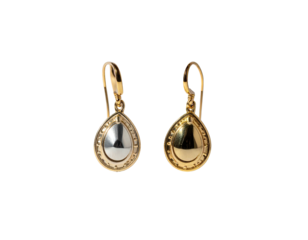 Two gold and silver teardrop earrings, each suspended with a delicate hook clasp