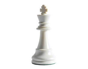 Isolated white chess king, front view, set against a black background