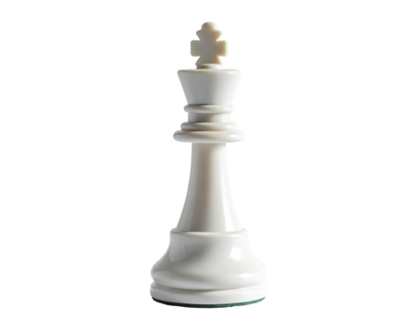Isolated white chess king, front view, set against a black background