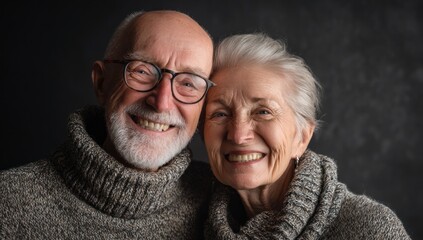 Happy senior couple smiling at the camera, close-up portrait.