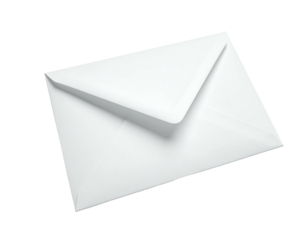 A simple, crisp white envelope, front-facing, slightly angled, with a closed flap