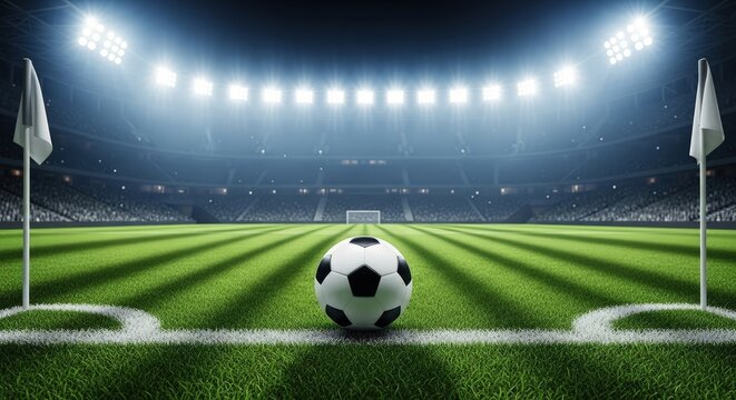 A soccer ball sits on the field of a brightly lit stadium, ready for the game to begin, with the crowd blurred in the background, creating a sense of anticipation and excitement