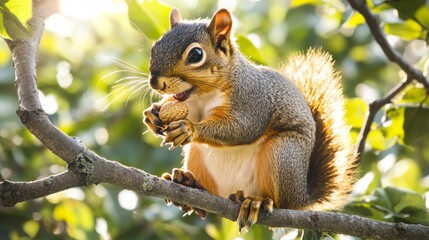Obraz premium Squirrel’s Morning Feast: A charming squirrel, nestled on a sturdy branch, relishes a freshly foraged nut, all captured in a radiant morning glow.