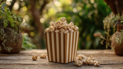 Delicious caramel popcorn in a striped container on a wooden table outdoors