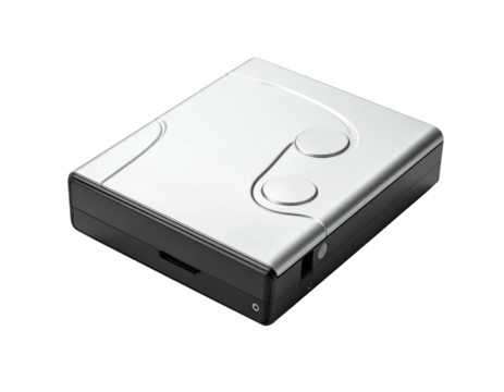 A rectangular device with a silver top, two circular buttons, and a dark frame