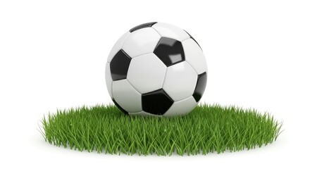 Obraz premium Soccer ball on grass isolated on white background classic black and white football on a patch of green grass, perfect for sports and recreation themed designs and illustrations