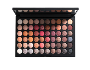 An open, rectangular makeup palette reveals a diverse range of eyeshadow colors