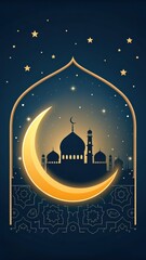 Golden crescent moon illuminates silhouette of mosque and minarets under a starry night sky