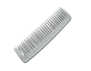 A gray plastic comb angled on a black background, top down view