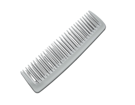 A gray plastic comb angled on a black background, top down view